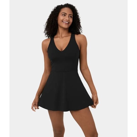 Halara Cloudful Air V Neck Crisscross Lace Up 2-Piece Pocket Mini Dress Black XL - Picture 1 of 7